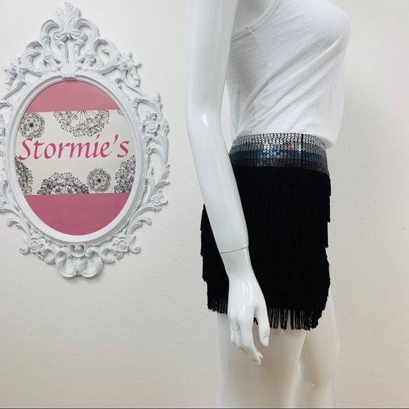 bebe / Black Sequin Fringe Mini Skirt - Picture 3 of 7